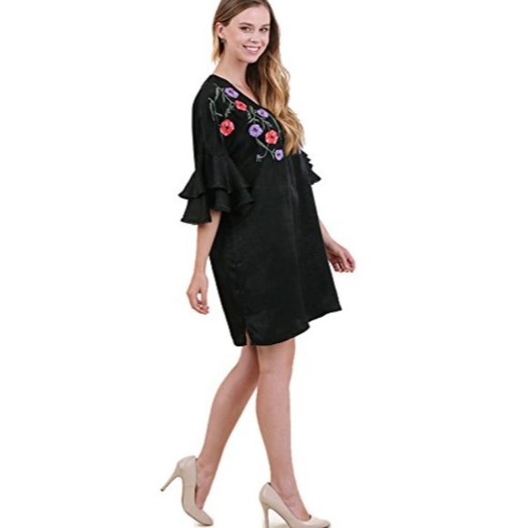 Umgee Floral Embroidered & Layered Sleeve Dress, Black - Picture 2 of 3